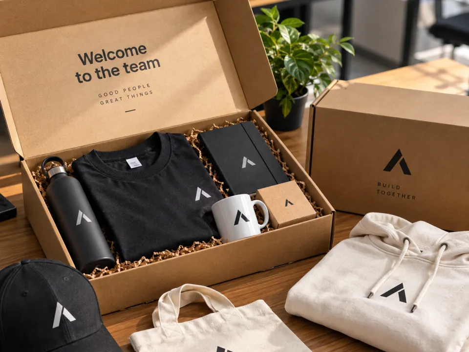 Corporate welcome kit box, flat lay
