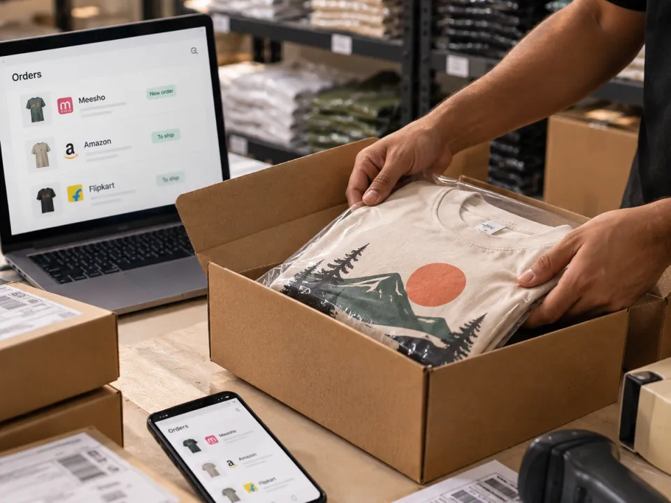 Warehouse racks with stocked garments